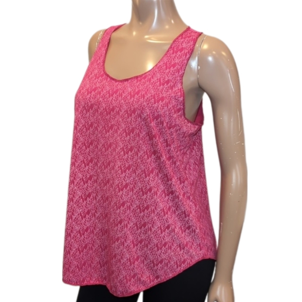 SCHWIING Leaf Print Tank Top Scoop Neck A-Line Round Hem Summer Pink Loose Fit
